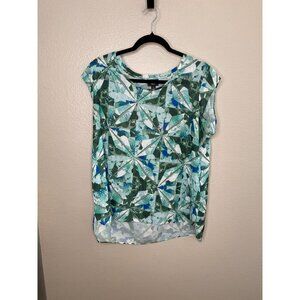 Mossimo Womens Green & Blue Abstract Top XL Round Neck Polyester Short Sleeve